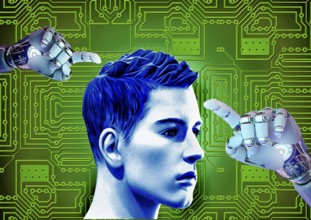 Symbol, future, AI, Internet, digital networks, engineer, technician, cyber robot, young