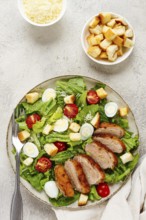 Caesar salad, with duck breast, on a light plate, on a light background, homemade, no people