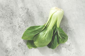 Fresh bok choy, laid out on a light gray surface, top view, natural light