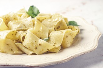 Fresh papardelle pasta, with basil and pesto sauce, is served, on a white plate, with a fork held