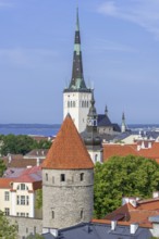City wall tower and spire of the Baptist St. Olaf's Church, Oleviste kirik in the Old Town of the