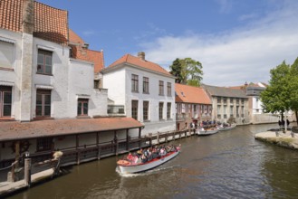 Sightseeing boat dock, Dijver, Bruges, West Flanders, Flanders, Belgium