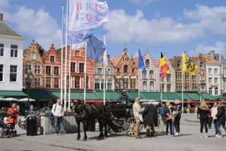 Horse-drawn carriage and guild houses, Grote Markt marketplace, Bruges, West Flanders, Flanders,