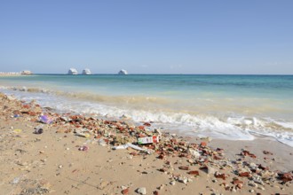 Beach with washed up trash, Hurghada, Red Sea Governorates, Egypt