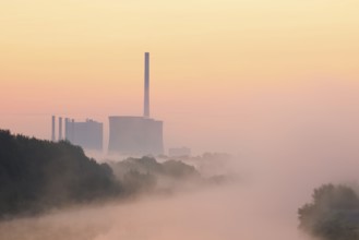 Datteln-Hamm Canal and Gersteinwerk power plant in morning fog at sunrise, Bergkamen, North