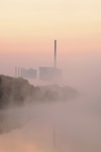 Datteln-Hamm Canal and Gersteinwerk power plant in morning fog at sunrise, Bergkamen, North
