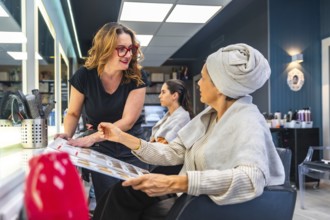 Hairdresser and female client discussing hair color and style options using a color chart,