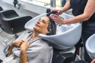 Hairdresser washing a smiling woman's hair at a modern salon, creating a relaxing experience and