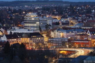 March 16, 2018, at dusk with lights on, city view of Jebenhäuser and Lorcher streets and railway