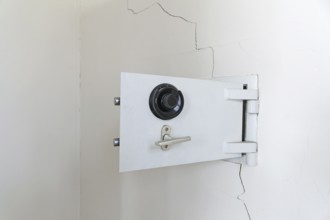 Open white wall safe (Cista valida) with dial regulator in a bright room