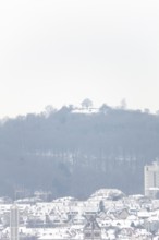 March 18, 2018, winter view with snow toward Mount Scherbelino from main station tower, Stuttgart,
