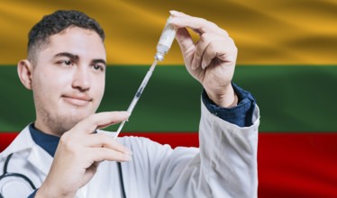 Doctor holding syringe on Lithuania flag background. Medical professional holding syringe with
