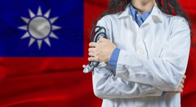 Healthcare professional with Taiwan flag background. Professional doctor holding stethoscope on