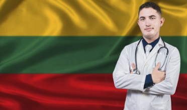 Portrait of medical professional on Lithuania flag background. Lithuanian national health system