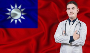 Portrait of medical professional on Taiwan flag background. Taiwanese national health system