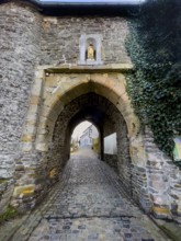 Historic medieval castle gate Matthiastor massive gate building made of quarry stone masonry from