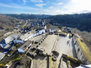 View from preserved castle tower to castle ruins Burghof restored preserved foundations remains of