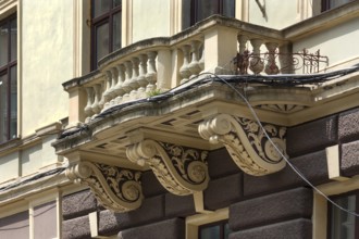 Unrestored 19th century decorative balcony, Czewrnowicz, Ukraine