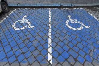 Parking spaces marked in blue for disabled people, Czernowicz, Ukraine