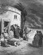 Job in the land of Uz experiences his misfortune, his sons and daughters are together, robbers from