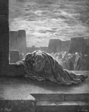 Ezra praying to God at the time of the evening sacrifice, Bible, Old Testament, Ezra 9, verse 5,