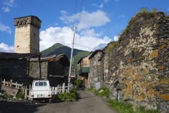 A village street with a white wagon, surrounded by stone buildings and power poles, defensive