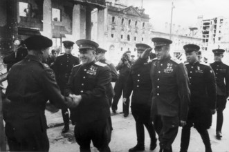 Montgomery, Commander-in-Chief of the British Armed Forces, greets Marshal Zhukov at the