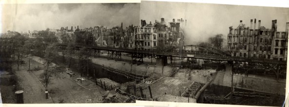 Destroyed residential buildings and S-Bahn tracks, on the Landwehr Canal, Hallesches Ufer,