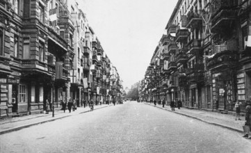 Street in Berlin, Allied flags and white flags hanging on the buildings, end of June 1945