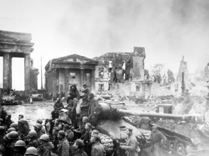 Red Army men with tanks at Brandenburg Gate, early May 1945, Germany