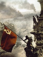 On the Berlin Reichstag, May 2, 1945, colored 1970. The three soldiers are the Ukrainian Alexei