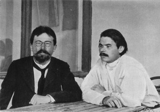 Anton Chekhov (1860-1904) and Leo Tolstoy in Yalta, Russian writer, historical Russia. With his