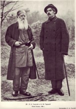 Maxim Gorky (1868-1936), Lev Nikolayevich Tolstoy and Maxim Gorky around 1900, Russian writer,