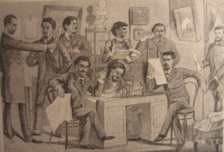 Anton Chekhov (1860-1904), an editorial meeting of Budilnik. Chekhov can be seen second from the