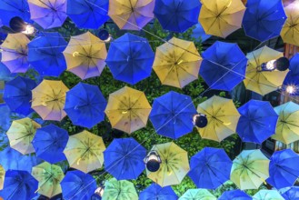 Colourful umbrellas as decoration in a courtyard of a restaurant, Czernowicz, Ukraine