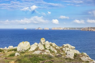 Seascape view with a rocky coastline a beautiful sunny summer day by the sea, Crozon peninsula,