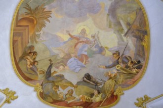 Ceiling fresco, Maria Schützt, Kirche Maria Hilf, Murnau, Upper Bavaria, Bavaria, Germany
