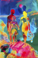 Couple walking hand in hand in a love silhouette, Painting like composition, AI generated