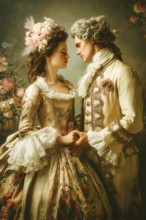 Couple dressed in French style gown in a romantic embrace, Painting like composition, AI generated