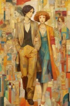 Couple walking hand in hand in an abstract environment, Painting like composition, AI generated