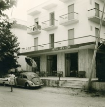 Tourist hotel, historical photo summer 1961, Rimini, Italy
