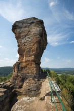 Drachenfels sandstone cliffs and castle ruins, Dahner Felsenland, Palatinate Forest,