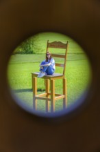 Bank, optical illusion at Café Pauli, Aschau, Chiemgau, Upper Bavaria, Bavaria, Germany