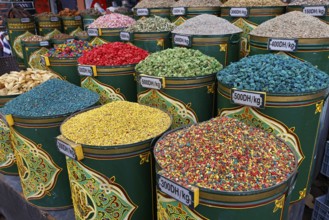 Sales stand selling spices and herbs at a market in Marrakech, historic old town, Medina, UNESCO