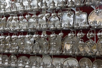 Silver tea services, range of goods in the souk, Marrakech, historic old town, Medina, UNESCO World
