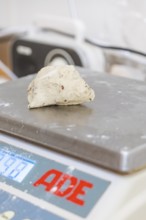 Weighing a small portion of dough on a digital scale in a bakery environment, baking rolls,