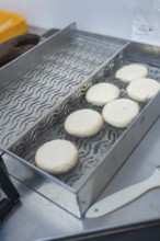 Round dough slices are on a tray ready for further processing, baking rolls, Haselstaller Hof,