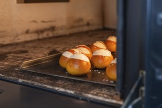 Round rolls baking in the oven on a tray in the bakery, baking rolls, Haselstaller Hof, Gechingen,