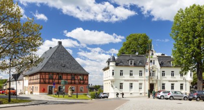 Market square with town hall in Bärenstein, Altenberg, Eastern Ore Mountains, Saxony, Germany