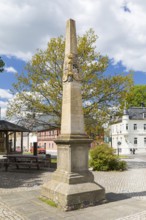 Saxon post mile column on Bärenstein market square, Altenberg, Eastern Ore Mountains, Saxony,